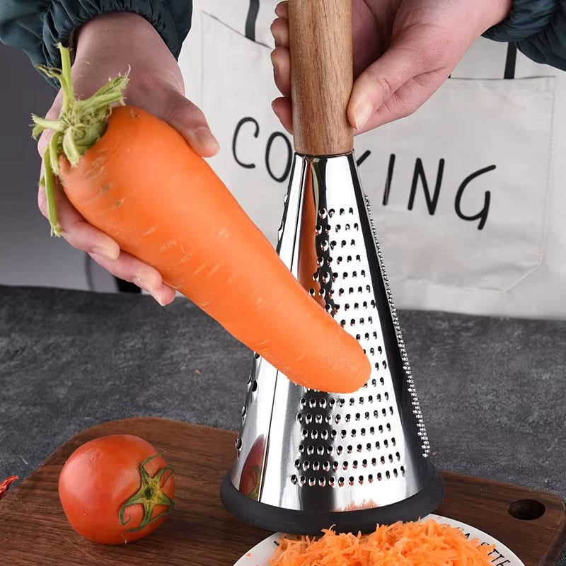 Modern Cone-Shaped Stainless Steel Grater and Zester – Versatile Kitchen Tool for Vegetables, Fruits, and Cheeses, Available in Small, Medium, and Large Sizes (Wooden or Plastic Handle)