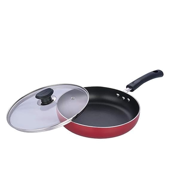 Aluminium Non Stick Deep Frypan with Glass Lid - 22 cm, 3 mm Thick, 3 Layer Coating
