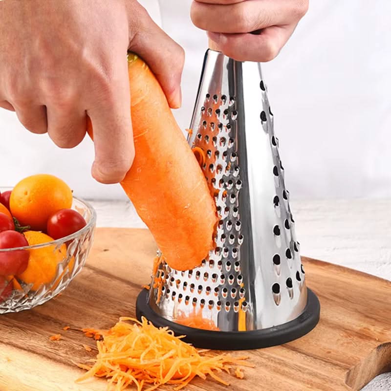 Modern Cone-Shaped Stainless Steel Grater and Zester – Versatile Kitchen Tool for Vegetables, Fruits, and Cheeses, Available in Small, Medium, and Large Sizes (Wooden or Plastic Handle)