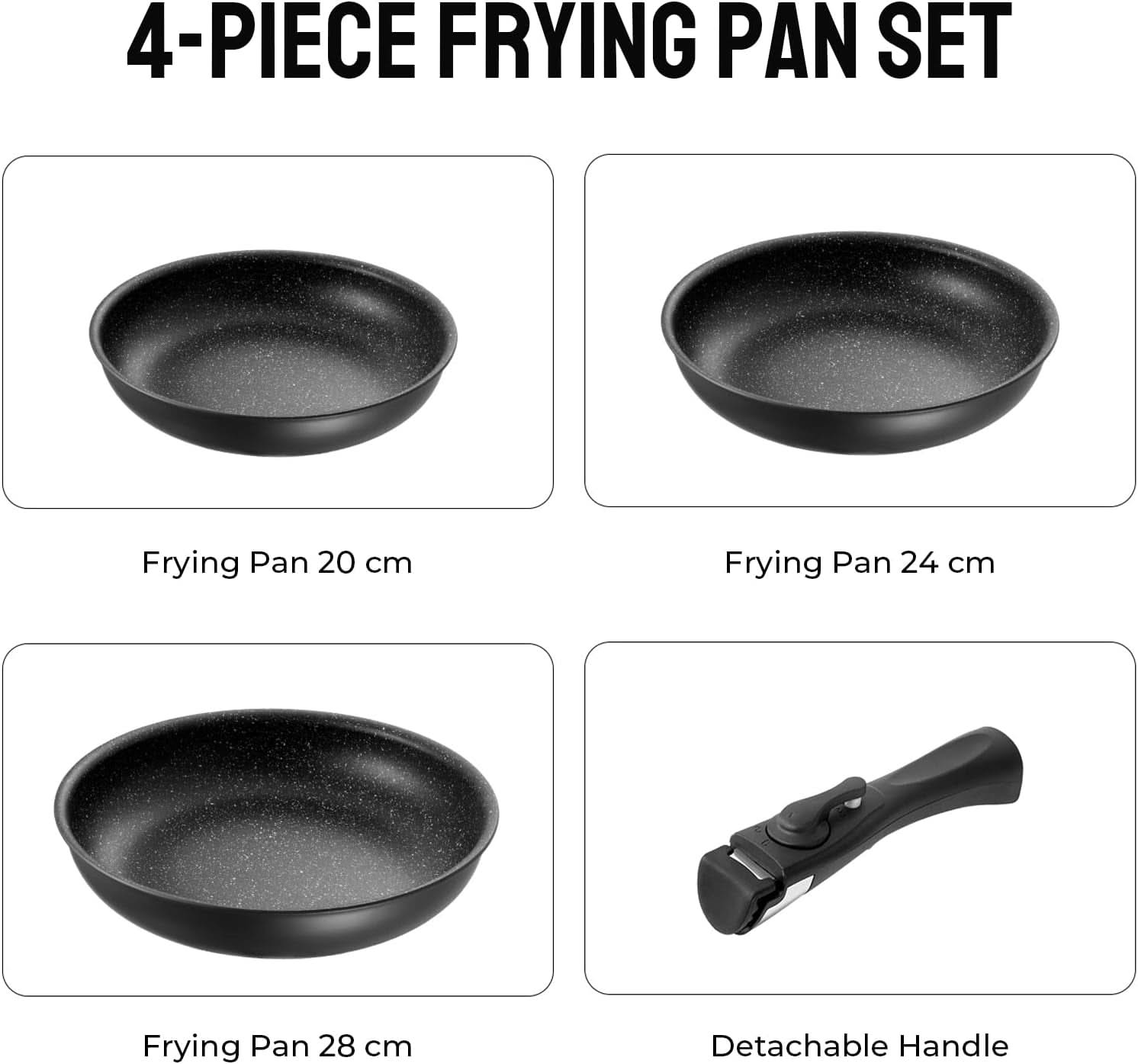Non Stick Frying Pan with Removable Handle, Non Stick Frying Pan Set for Induction Hobs, 4 Pieces Frying Pan Set for All Hobs