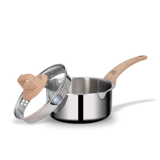 Stainless Steel Triply Saucepan With Glass Lid, Milk Pot, Tea Pan, Gas and Induction Compatible, 16 cm