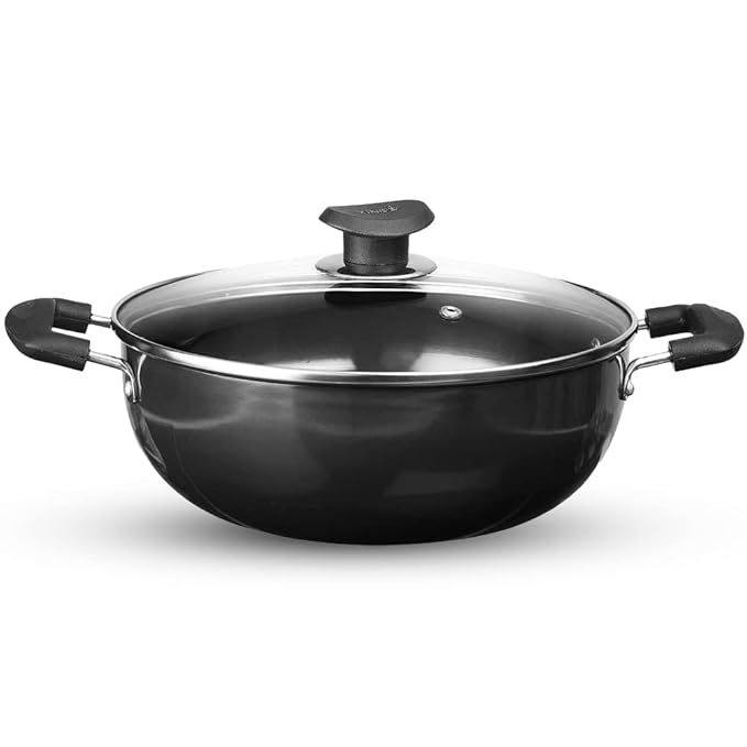Plus Hard Anodised Deep Kadhai with Lid - 4.1 L, 26 cm, 3.25 mm Thick, Natural Stick Free Kadai