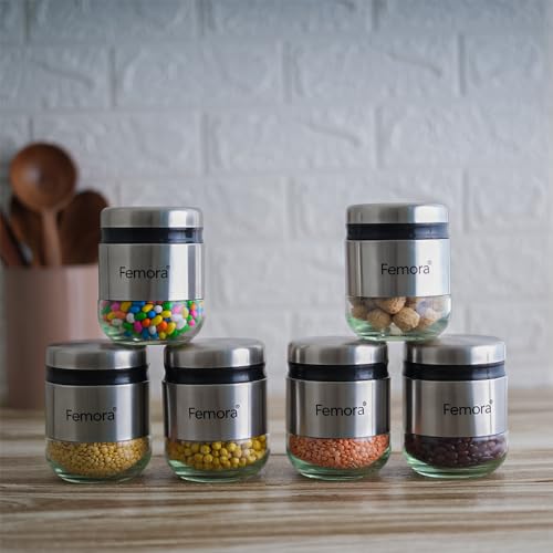 Kitchen Storage Jars Steel Body With See Through Bottom Jar, 350 ml, Pack of 6