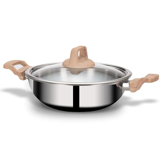Triply Stainless Steel Kadai, Triply Kadhai With Lid, 24 cm, 2.7 L, Jindal Stainless, Silver