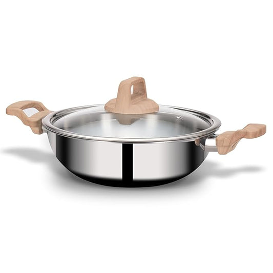 Triply Stainless Steel Kadai, Steel Kadai for Cooking, Triply Kadai With Lid, 26 cm, 3.2 L, Silver