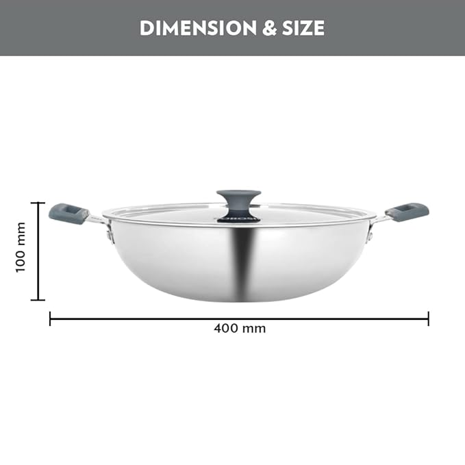 Tri-ply Stainless Steel Kadhai With Lid, Induction Friendly, 4 L, 28 cm