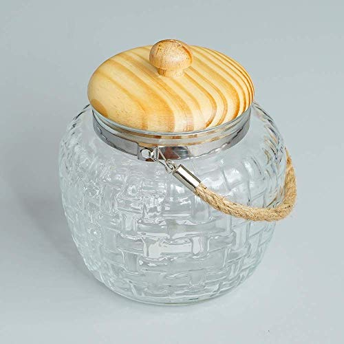 Kitchen Storage Jars Embossed Glass Jar With Wooden Lid & Jute Chain Air Tight Jar, 1500 ml, Pack of 2