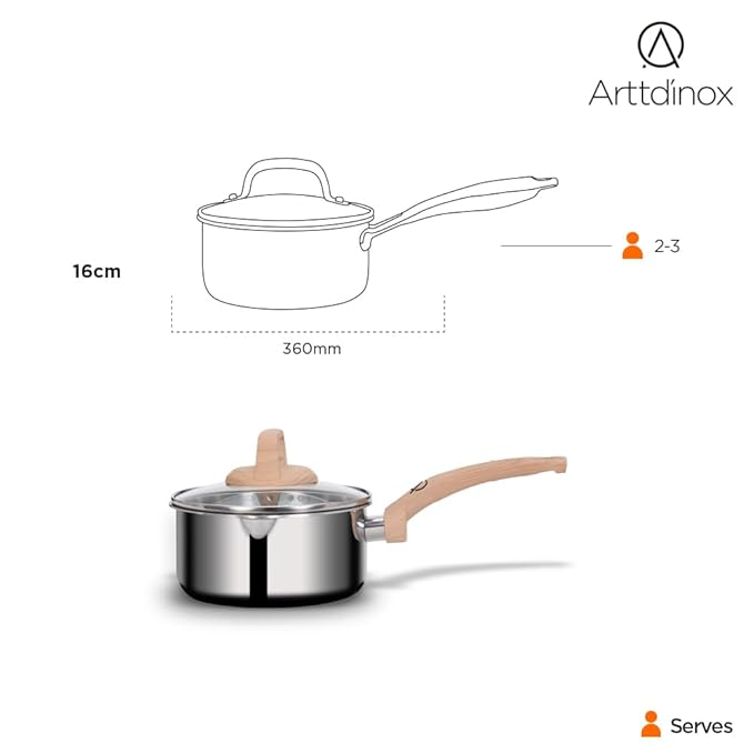 Arttdinox Timber Stainless Steel Triply Saucepan With Glass Lid | Milk Pot | Tea Pan | Gas and Induction Compatible | 16