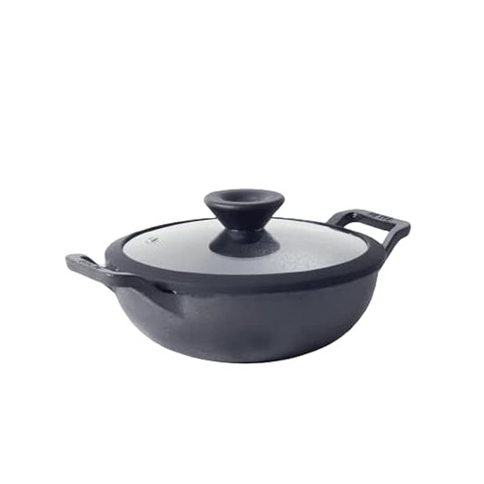 Pre Seasoned Cast Iron Kadai, Iron Kadhai with Lid 20 cm/ 1.5 L Black