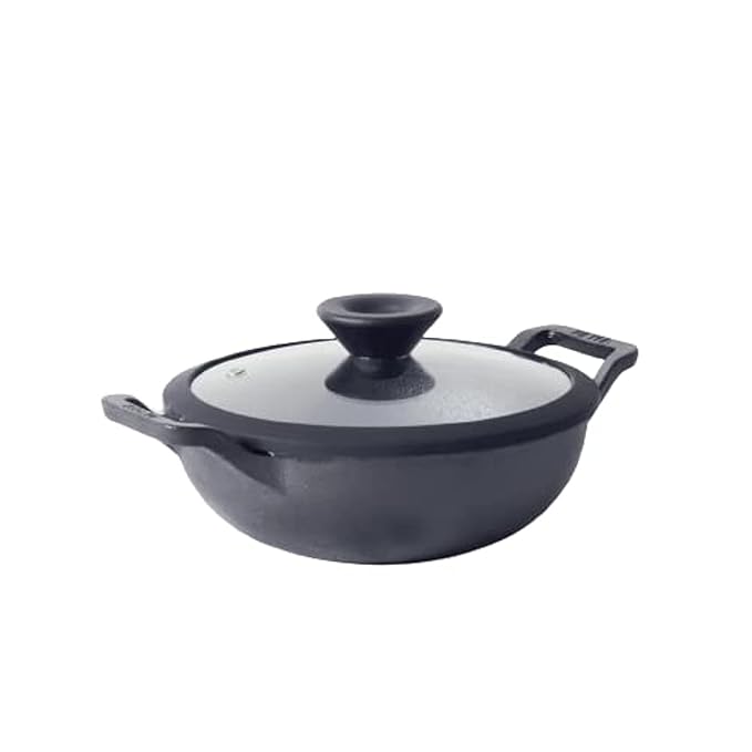 Pre Seasoned Cast Iron Kadai, Iron Kadhai with Lid 24 cm/ 2 L Black
