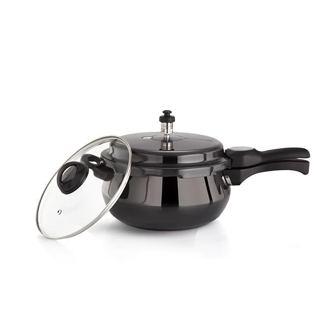Black Hard Anodized Induction Bottom Handi Pressure Cooker 1.5 L With Glass Lid