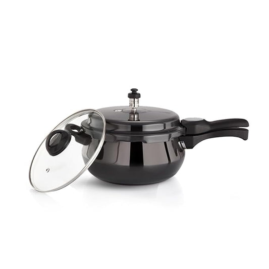Black Hard Anodized Induction Bottom Handi Pressure Cooker 1.5 L With Glass Lid