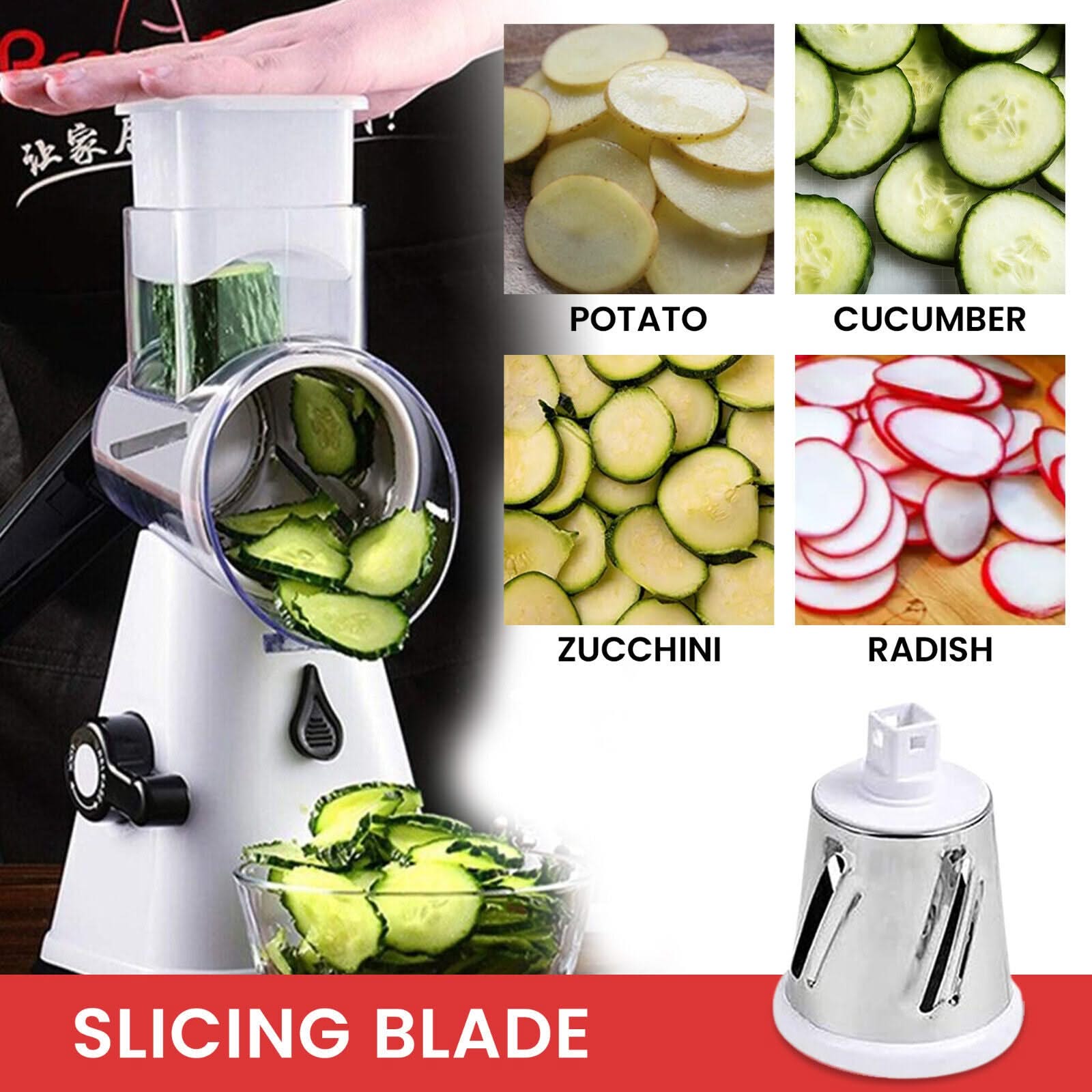 3 in 1 Rotary Cheese Grater – Multifunctional Slicer and Shredder with Easy-to-Swap Stainless Steel Interchangeable Rotating Drum Blades for Effortless Kitchen Prep Tool