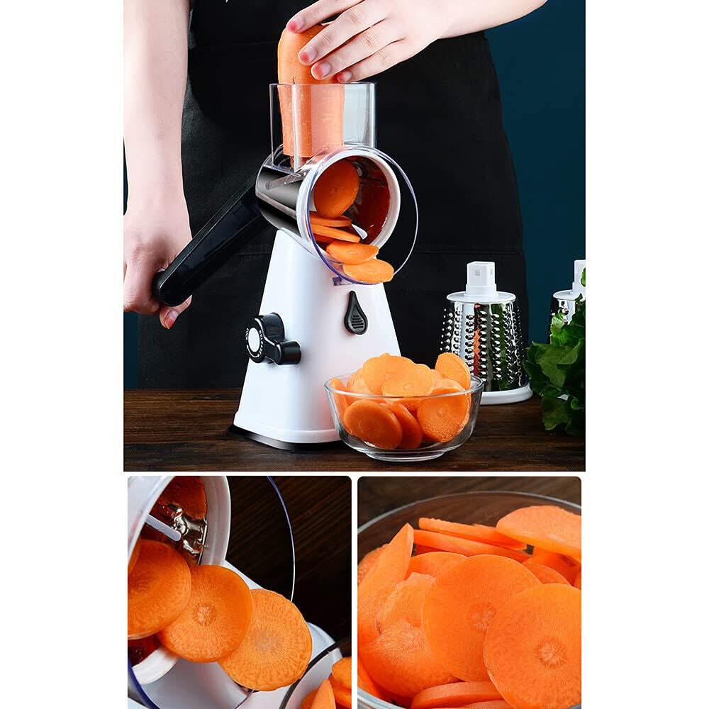3 in 1 Rotary Cheese Grater – Multifunctional Slicer and Shredder with Easy-to-Swap Stainless Steel Interchangeable Rotating Drum Blades for Effortless Kitchen Prep Tool