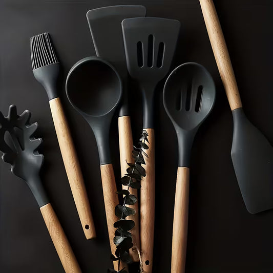 7-piece Silicone Kitchen Utensil Set with Wooden Handles Black