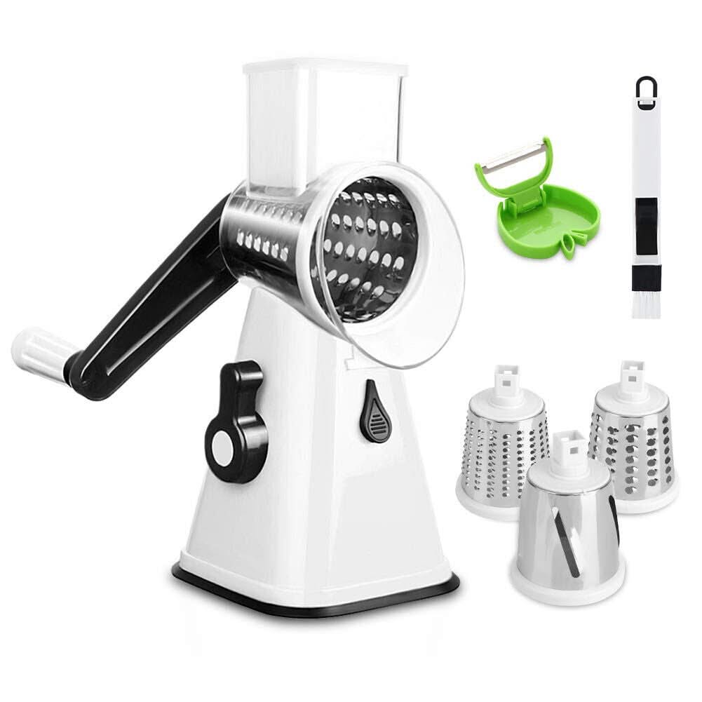 3 in 1 Rotary Cheese Grater – Multifunctional Slicer and Shredder with Easy-to-Swap Stainless Steel Interchangeable Rotating Drum Blades for Effortless Kitchen Prep Tool
