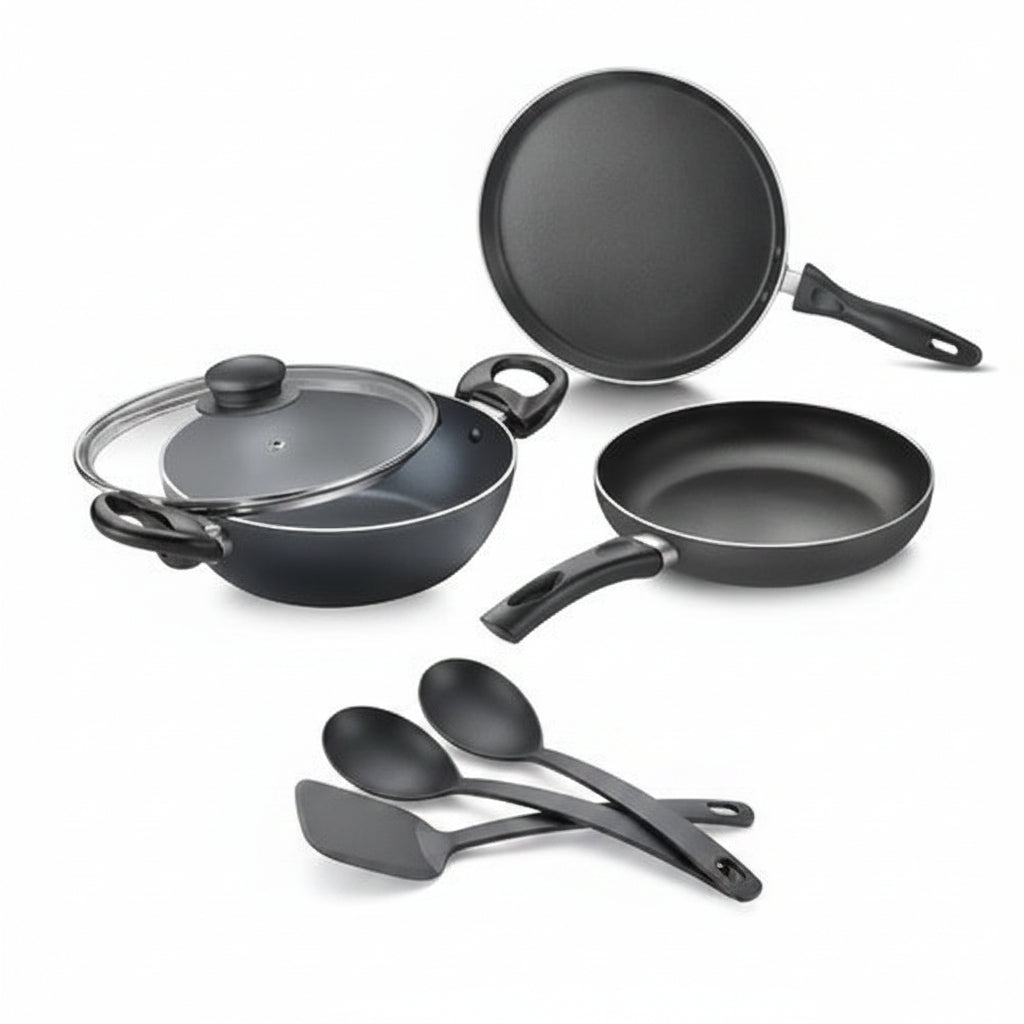 By Ace Non-Stick BYK Set 20 cm Kadai+Glass Lid+Frypan+Omni Tawa+3 Nylon Tools