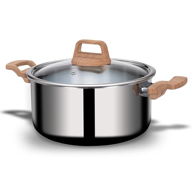 Stainless Steel Triply Pot With Glass Lid, 25 cm, 5 L, Wood Finished Handle, Induction & Gas Base