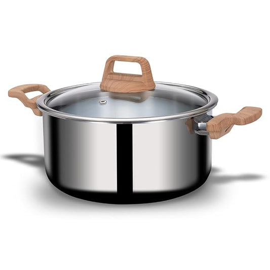 Stainless Steel Triply Pot With Glass Lid for Biryani, 20 cm, 3 L, Wood Finished Handle