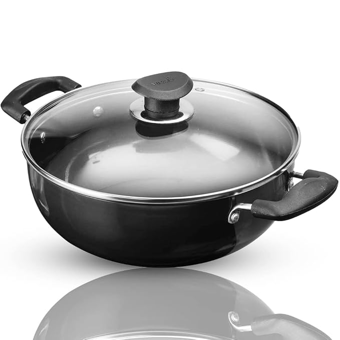 Plus Hard Anodised Deep Kadhai with Lid - 4.1 L, 26 cm, 3.25 mm Thick, Natural Stick Free Kadai