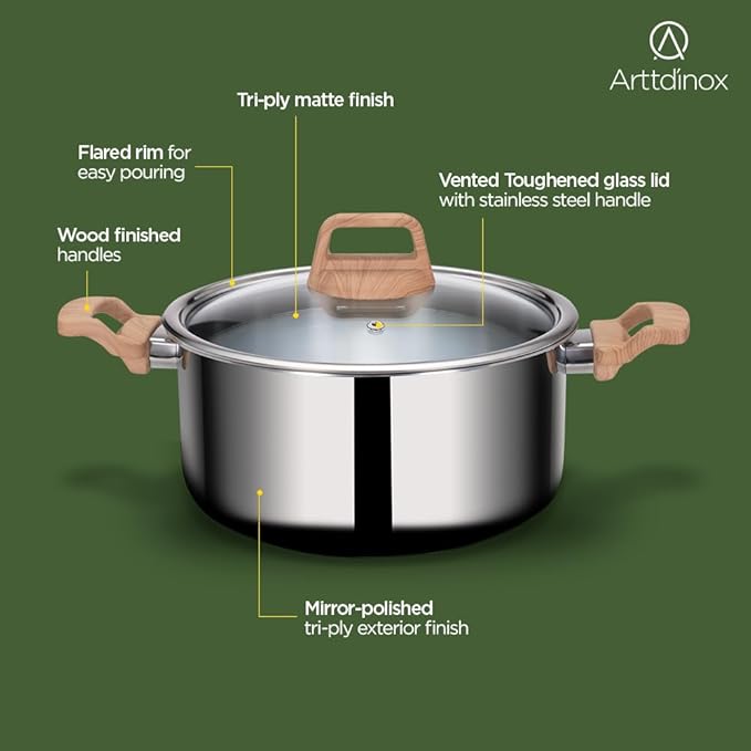 Stainless Steel Triply Pot With Glass Lid for Biryani, 20 cm, 3 L, Wood Finished Handle