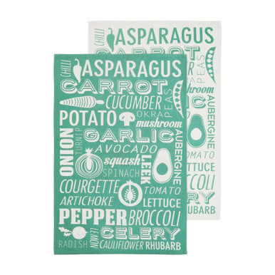 Set of 3 Green Vegetable Wording Tea Towels