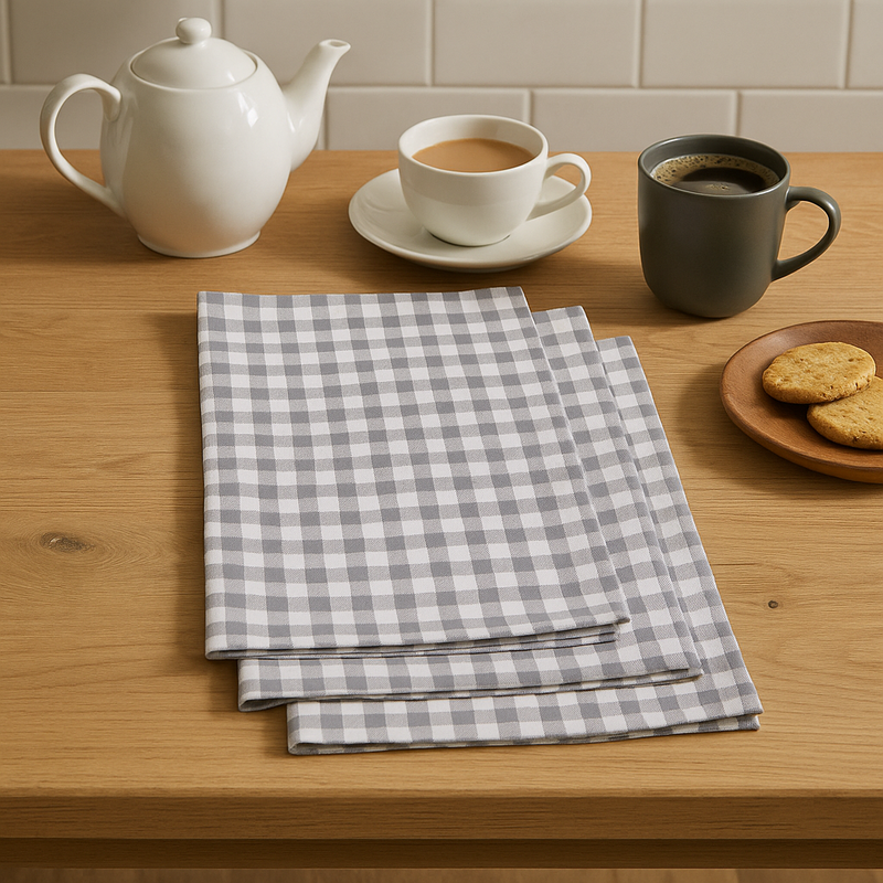 Set of 3 Grey and White Check Cotton Tea Towels