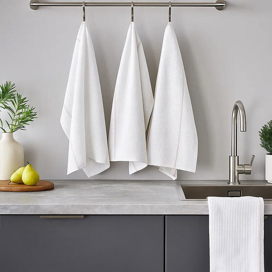 Set of 3 White and Almond Waffle Tea Towels
