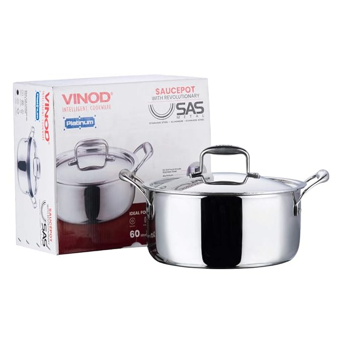 Triply Stainless Steel Saucepot with Lid - 5 L, 24 cm, 2.5 mm Thick, SAS Bottom, Biryani Pot