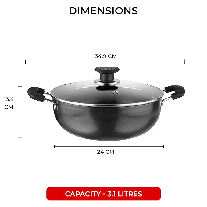 Hard Anodised Non Stick Deep Kadhai with Glass Lid - 3.1 L, 24 cm, 3.25 mm Thickness, kadai for Cooking
