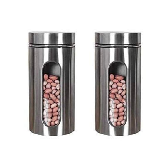 Kitchen Storage Jars Steel Body With See Through Window Jar, 1300 ml, Set of 2