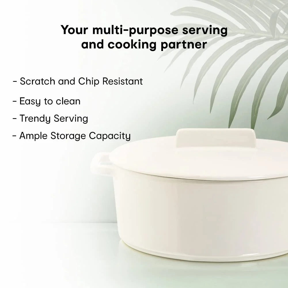 White Round Stoneware Casserole with Lid 3L Lead Cadmium Free Non-stick Oven to Table Microwave Dishwasher