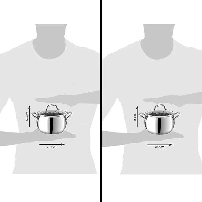 Stainless Steel 2 Piece Almaty Sauce Pot With Glass Lid, Diameter 14 & 16 cm, Capacity 1.3 & 2 L