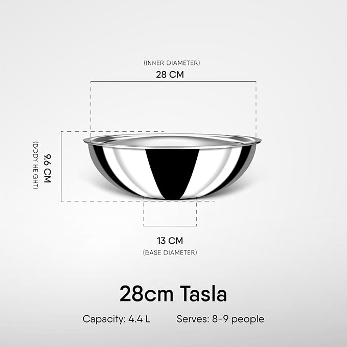 Triply Stainless Steel Tasla With Lid, Kadhai Without Handle, Induction & Gas Stove Compatible, 28 cm