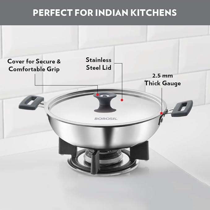 Tri-ply Stainless Steel Kadhai With Lid, Induction Friendly, 4 L, 28 cm