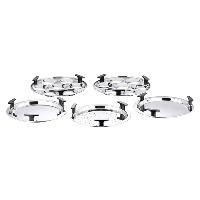Stainless Steel Multi Kadai with 5 Plates - 26 cm, 2 Idli, 2 Dhokla/Momos and 1 Patra Plates