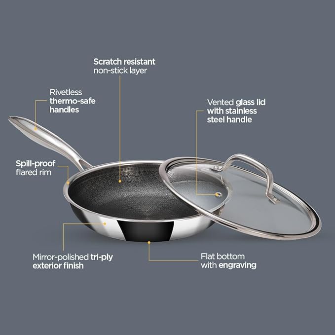 Stainless Steel Triply Frypan With Lid, Frying Pan Non Stick, Induction & Gas Base, 22 cm, 1.5l, Silver