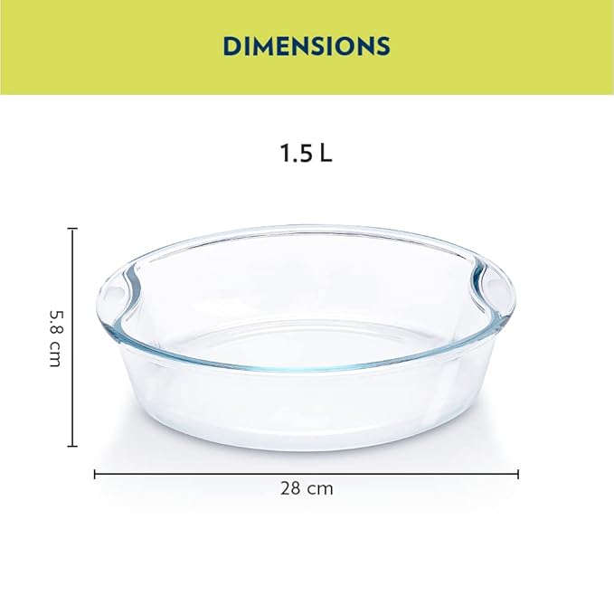 Round Glass Baking Dish, 1.5 L, Microwave Safe & Oven Safe, Transparent