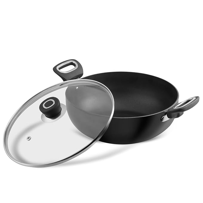 Hard Anodised Non Stick Deep Kadhai with Glass lid - 4.1 L, 26 cm, 3.25 mm Thick, 5X Non Stick