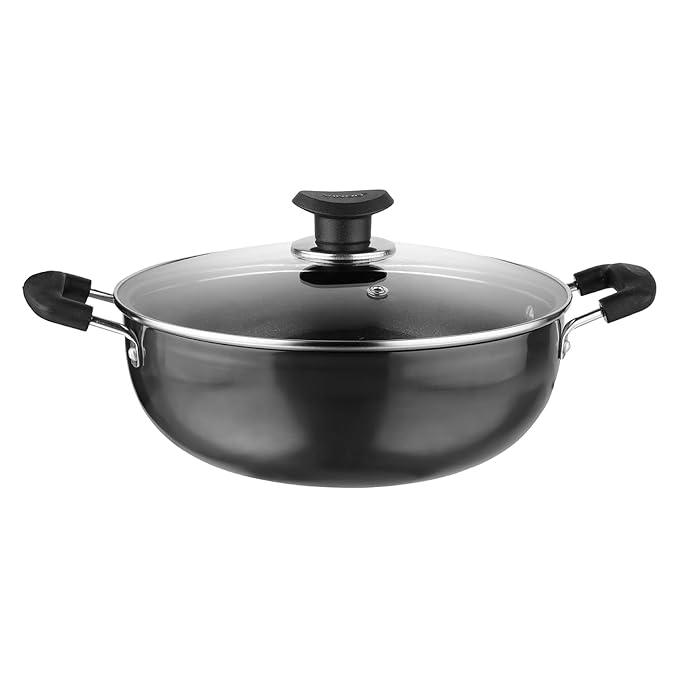 Hard Anodised Non Stick Deep Kadhai with Glass lid - 3.1 L, 24 cm, 3.25 mm Thick, 5X Non Stick