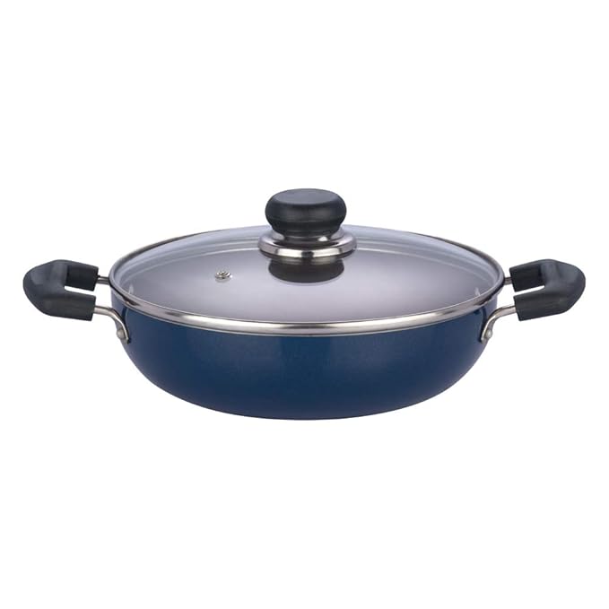 Aluminium Non Stick Deep Kadhai with Glass Lid - 1.4 L, 18 cm, 3 Layer Ceramic Coating, 3 mm Thick