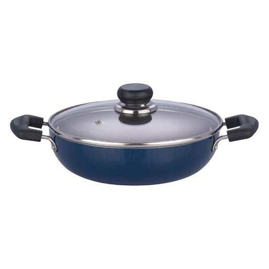 Aluminium Non Stick Deep Kadhai with Glass Lid - 1.4 L, 18 cm, 3 Layer Ceramic Coating, 3 mm Thick