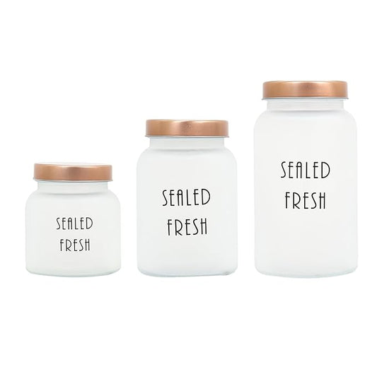 Kitchen Storage Jars Frosted Glass Jar With Steel Lid Air Tight Jar, Pack of 3
