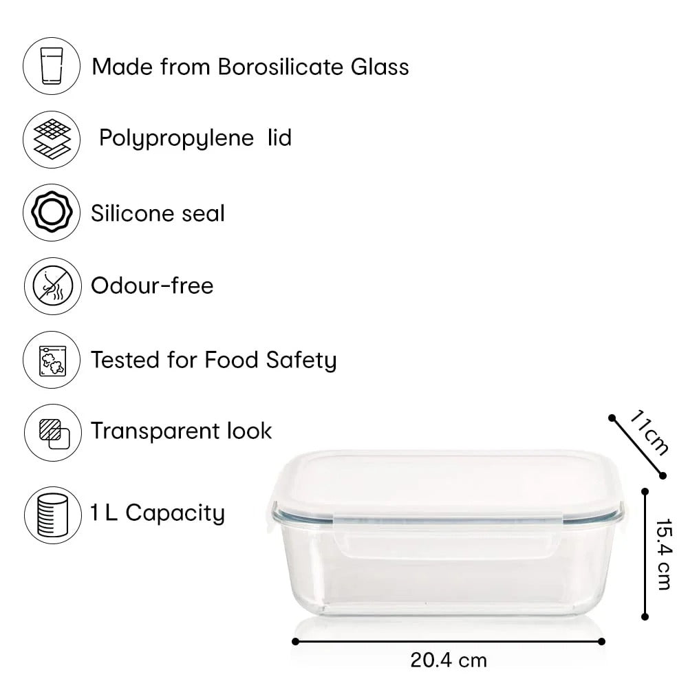 1L Glass Storage Container with Lockable Lid, Leak-Proof, Spill-Proof, Clear