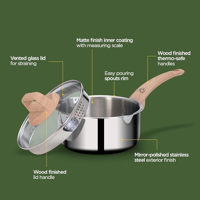 Arttdinox Timber Stainless Steel Triply Saucepan With Glass Lid | Milk Pot | Tea Pan | Gas and Induction Compatible | 16