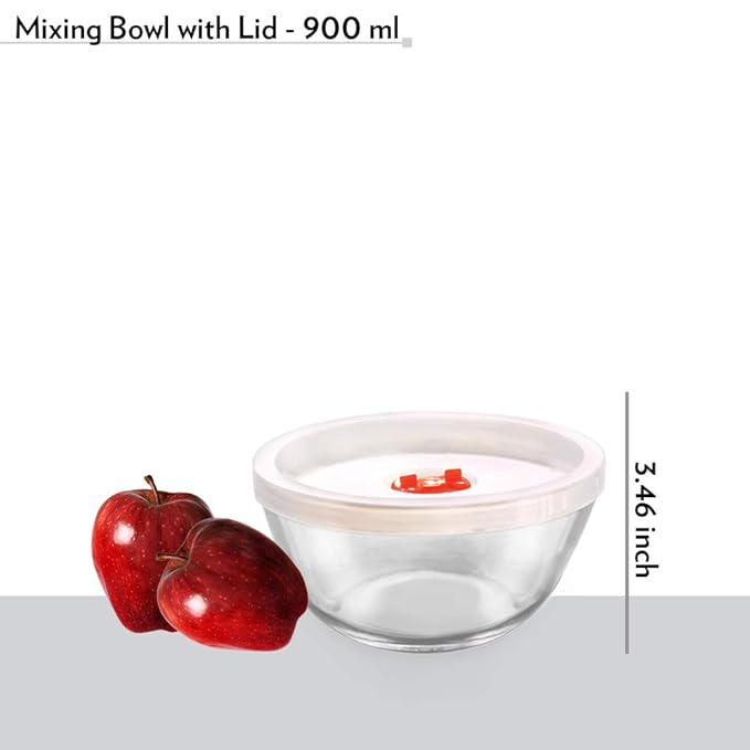 Glass Mixing & Serving Bowls With Lids, Oven & Microwave Safe Bowls, Set of 2 (900 ml Each)