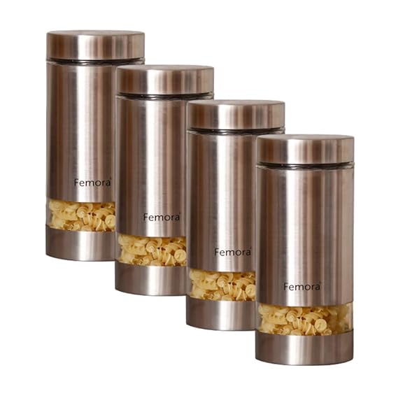 Kitchen Storage Jars Steel Body With See Through Window Jar, 1300 ml, Pack of 4