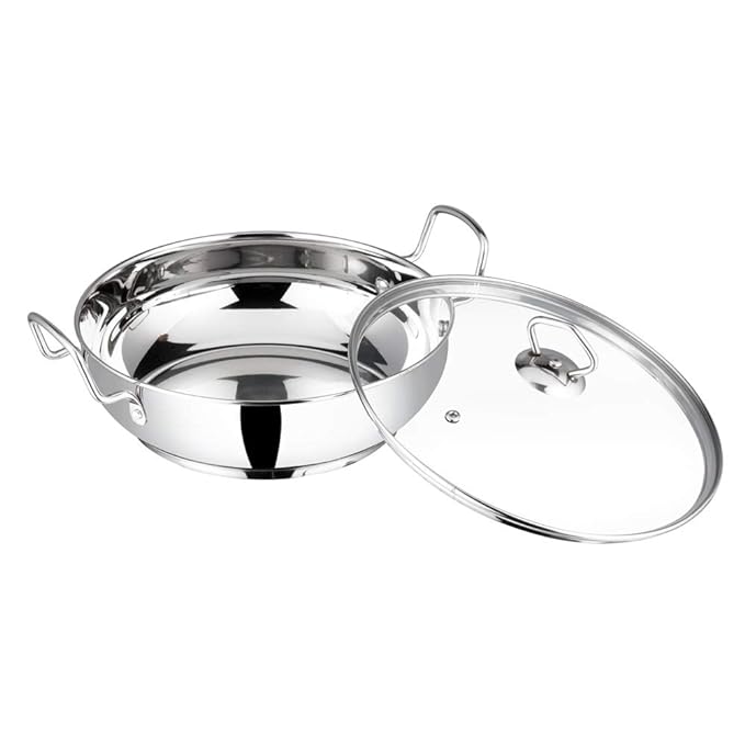 Stainless Steel Kadhai with Glass Lid - 2.7 L, 24 cm, Extra Thick, SAS Heavy Bottom, Kadai for Cooking
