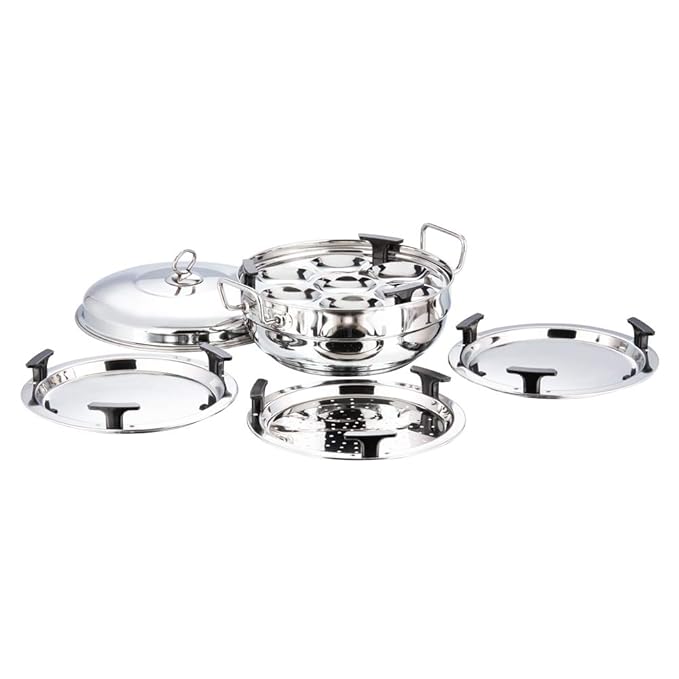 Stainless Steel Multi Kadai with 5 Plates - 26 cm, 2 Idli, 2 Dhokla/Momos and 1 Patra Plates