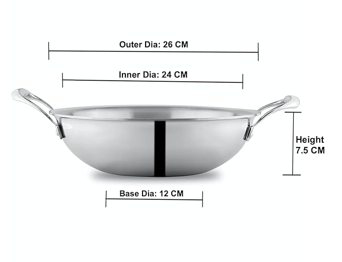 Attil Triply Stainless Steel Kadai for Kitchen With Induction Base Kadhai and Heavy Duty Kadhai